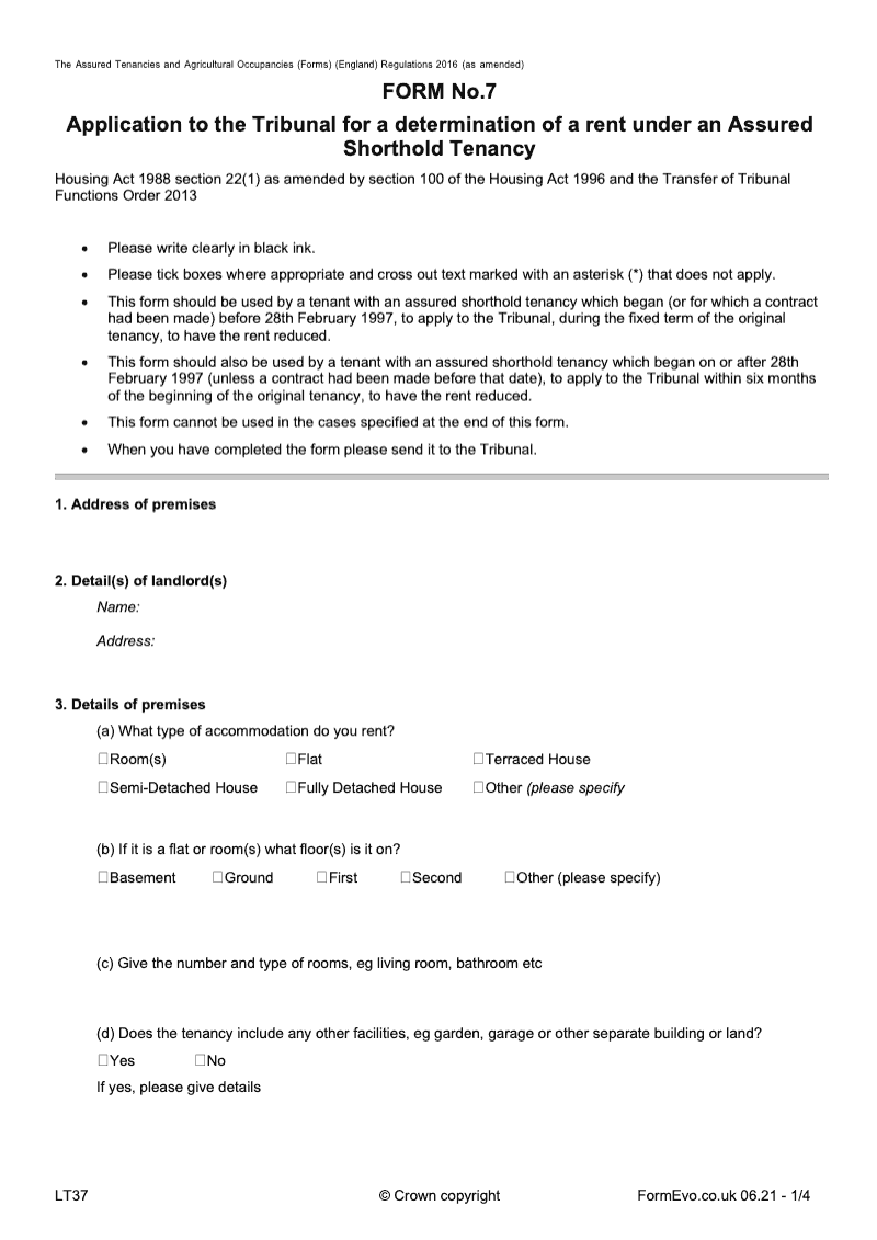 LT37 Application to the Tribunal for a determination of a rent under an Assured Shorthold Tenancy [LTA6 HA36] preview